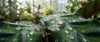 Fresh green leaves covered with crystal clear water droplets after morning rain, perfect for natural wellness and environmental concepts.