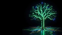 Digital neon tree with glowing green and blue circuit branches on black background for technology and nature fusion designs.