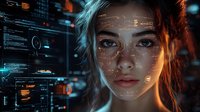 Futuristic digital interface projection on young woman's face with glowing data elements and biometric scanning graphics in dark blue and orange lighting.