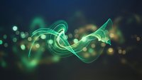 Glowing neon wave with green and gold light trails flowing across dark background, suitable for tech, energy, and digital design projects.