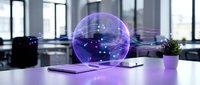 Futuristic holographic sphere with digital network connections floating above laptop in modern office workspace for technology and innovation concepts.
