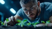Bearded Caucasian male farmer examining young green seedlings growing in dark environment with blue lighting. Close up view shows careful inspection of plant growth.