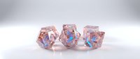 Translucent pink polyhedral dice with blue numbering for tabletop gaming and role-playing adventures on white background.