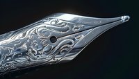 Ornate silver fountain pen nib with intricate floral and scroll engraving against dark background, showcasing luxury writing instrument craftsmanship.
