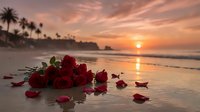 Red roses scattered on sandy beach at sunset with palm trees and ocean waves creating romantic tropical paradise scene.
