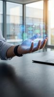 Male professional in business casual attire holding glowing digital data visualization with database icons and network connections above palm in modern office with windows and laptop.