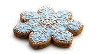 Festive snowflake shaped gingerbread cookie decorated with light blue and white royal icing featuring intricate winter pattern design on white background.