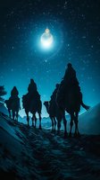 Silhouettes of camel caravan crossing desert dunes under bright moon and starry night sky in mystical blue light. For Christmas cards and spiritual designs.