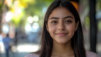 Young Hispanic woman with long dark hair and natural makeup smiling warmly at camera outdoors with soft bokeh background, expressing confidence and joy.