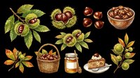Autumn chestnut set with branches, leaves, basket, honey jar, and cake slice, isolated on transparent background, ready for stickers, sublimation, and print on demand.