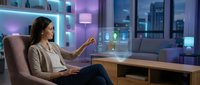 Young woman controlling smart home technology with holographic interface from comfortable chair in modern futuristic living room with purple ambient lighting.