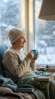 Senior Caucasian woman in knit sweater and beanie enjoying hot drink by window during snowfall, cozy winter morning at home with books and blanket.