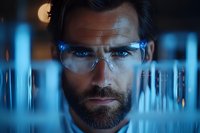 Focused scientist in protective eyewear examining test tubes in laboratory setting with dramatic blue lighting and shallow depth of field creating research atmosphere.