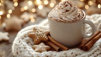 Warm mug of hot chocolate topped with whipped cream and cocoa powder, surrounded by gingerbread cookies, cinnamon sticks, and cozy knit fabric with festive bokeh lights in background.