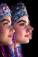 Young woman wearing ornate jeweled headdress and earrings in vibrant blue and purple colors against dark background, profile view showing dramatic makeup and serene expression.