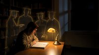Scholar writing by lamplight in library with ghostly graduation figures appearing behind him representing academic achievement and educational success.