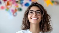 Young Hispanic businesswoman with glasses smiling confidently in modern creative office workspace with colorful world map background for professional use.