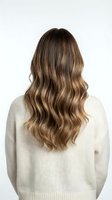 Woman with long wavy brown hair with blonde highlights wearing cream sweater from behind on white background for hair salon and beauty concepts.