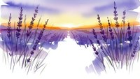 Watercolor lavender field at sunset with purple flowers in foreground and golden sky background for relaxation and wellness designs.