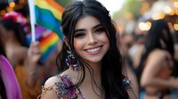 Young woman with bright smile and dark flowing hair at pride celebration with rainbow flag and festive crowd in background. Pride parade atmosphere.