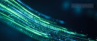 Digital data streams with glowing binary code flowing in curved lines against dark blue background for technology and cybersecurity concepts.