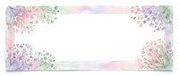 Watercolor floral frame with pink and purple blooms, baby's breath, and green foliage in corners on white background. Suitable for invitations, greeting cards, and wedding designs.