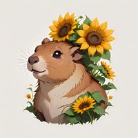 Adorable capybara surrounded by bright sunflowers and green leaves, cartoon style illustration on light background. For children's books and nature designs.