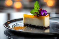 Elegant cheesecake slice with dark cookie base, topped with orange glaze, fresh mint leaves and purple edible flowers on black plate against blurred lights.