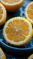 Fresh juicy orange halves with water drops on dark blue ceramic plate, macro shot showing detailed pulp texture and citrus segments in natural lighting.