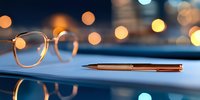 Elegant eyeglasses and luxury pen on reflective blue surface with soft bokeh lights creating atmospheric business mood for professional workspace design.