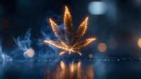 Glowing cannabis leaf with magical sparkles and smoke reflection on water surface against dark blue background with bokeh lights creates mystical atmosphere.