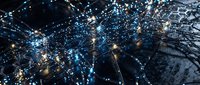 Abstract digital network with glowing blue connections and data nodes creating futuristic technology background for business presentations and tech concepts.