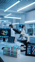 Modern scientific laboratory with microscope and test tubes for medical research and analysis in sterile environment with digital displays and equipment.