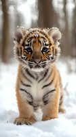 Adorable baby tiger cub standing in snow with snowflakes on fur, looking directly at camera with bright blue eyes against blurred winter forest background.