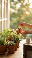 Woman watering small potted plants on sunny windowsill with copper watering can creating peaceful morning gardening scene at home.