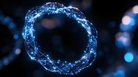 Glowing blue circular network of light particles and connections forming ring shape on dark background with bokeh effect. Digital technology concept.