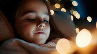 Young girl with gentle smile resting in cozy atmosphere with soft bokeh lights creating magical evening mood, close up portrait in warm golden illumination.