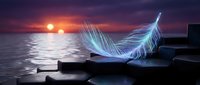 Glowing ethereal feather floating above wooden dock at sunset over calm ocean waters with dramatic purple and orange sky creating magical atmosphere.