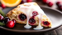 Fresh baked cranberry scone with sweet vanilla glaze dripping down sides, garnished with fresh berries on dark plate, close up view in natural light.