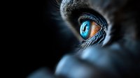 Close-up macro shot of human eye with striking blue iris and detailed eyelashes against dark background for medical and beauty concepts.