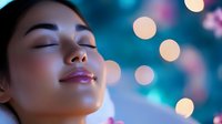 Young Asian woman with closed eyes and serene expression against blurred bokeh lights background in turquoise and pink tones, wellness and mindfulness concept.