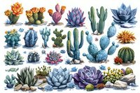 Watercolor collection of desert plants featuring vibrant succulents, blooming cacti and agave in blue and orange tones, arranged on white background for botanical design.