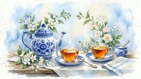 Watercolor tea set with blue and white porcelain teapot, two cups of hot tea, jasmine and rose flowers on white background.