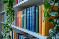 Colorful vintage books arranged on white bookshelf with decorative green plants creating cozy home library atmosphere. For interior design and education concepts.