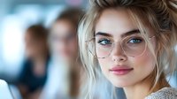 Young Caucasian woman wearing trendy round glasses smiles confidently at camera, natural makeup and blonde hair in casual updo, soft blurred office background.