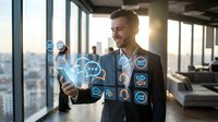 Caucasian male professional in business suit interacting with holographic digital interface displaying social media and communication icons in modern office with city skyline view.
