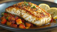 Grilled fish fillet with herbs and colorful vegetable medley on dark plate, garnished with lemon slices for gourmet dining and culinary presentations.