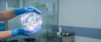Healthcare professional in blue gloves holding glowing DNA helix hologram in modern medical laboratory for genetic research and biotechnology applications.
