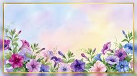 Watercolor floral border frame with purple pink flowers and green leaves on pastel gradient background for wedding invitations greeting cards.