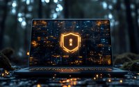 Laptop with glowing shield and lock icon on screen in dark forest setting, representing cybersecurity and data protection.
